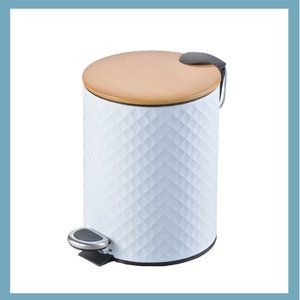 Textured White Stainless Steel Trash Can With Wooden Lid (5 Liters/ 1.3 Gallon)